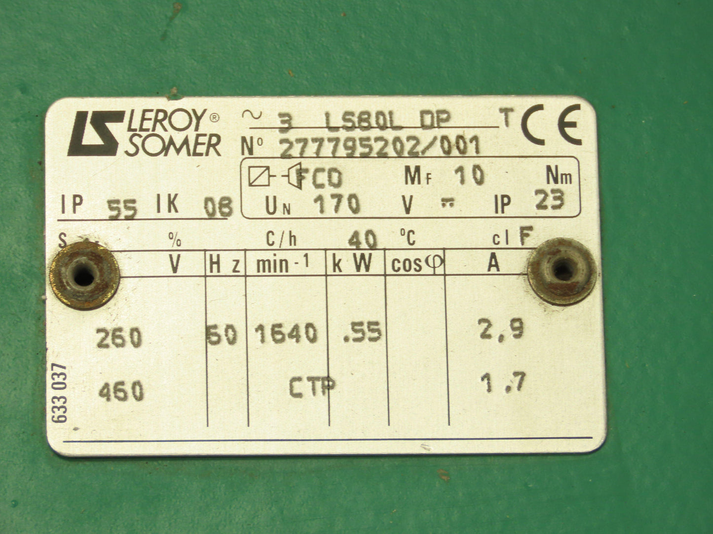 Leroy Somer LS80L Inline Gearmotor Gear Drive .55kW 1640 RPM 460V 3PH IP55 Motor