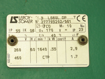Leroy Somer LS80L Inline Gearmotor Gear Drive .55kW 1640 RPM 460V 3PH IP55 Motor