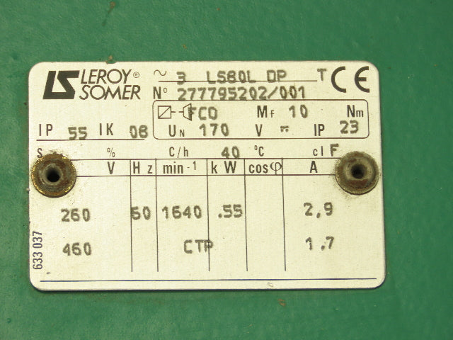Leroy Somer LS80L Inline Gearmotor Gear Drive .55kW 1640 RPM 460V 3PH IP55 Motor