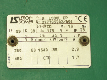 Leroy Somer LS80L Inline Gearmotor Gear Drive .55kW 1640 RPM 460V 3PH IP55 Motor