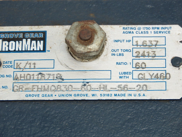 Grove Gear GR-FHMQ830 Iron Man Reducer 60:1 Gearmotor 1Hp 29 RPM 460V 3PH 56C