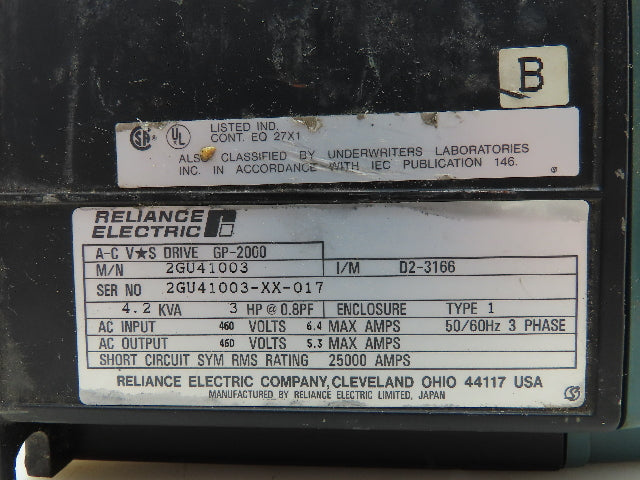 Reliance Electric 2GU41003 AC V-S Drive GP-2000 VFD 4.2KVA 3Hp Motor 460V 3Ph