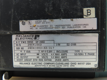 Reliance Electric 2GU41003 AC V-S Drive GP-2000 VFD 4.2KVA 3Hp Motor 460V 3Ph