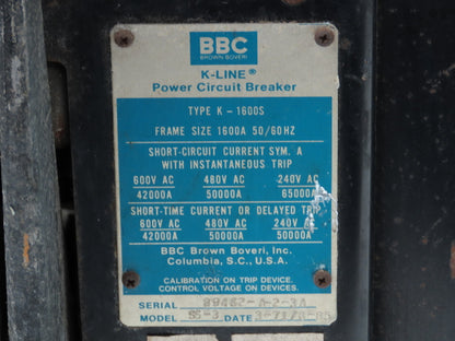 I-T-E K-1600S K-Line Air Circuit Breaker 1600A Frame SS-3 Solid State Trip