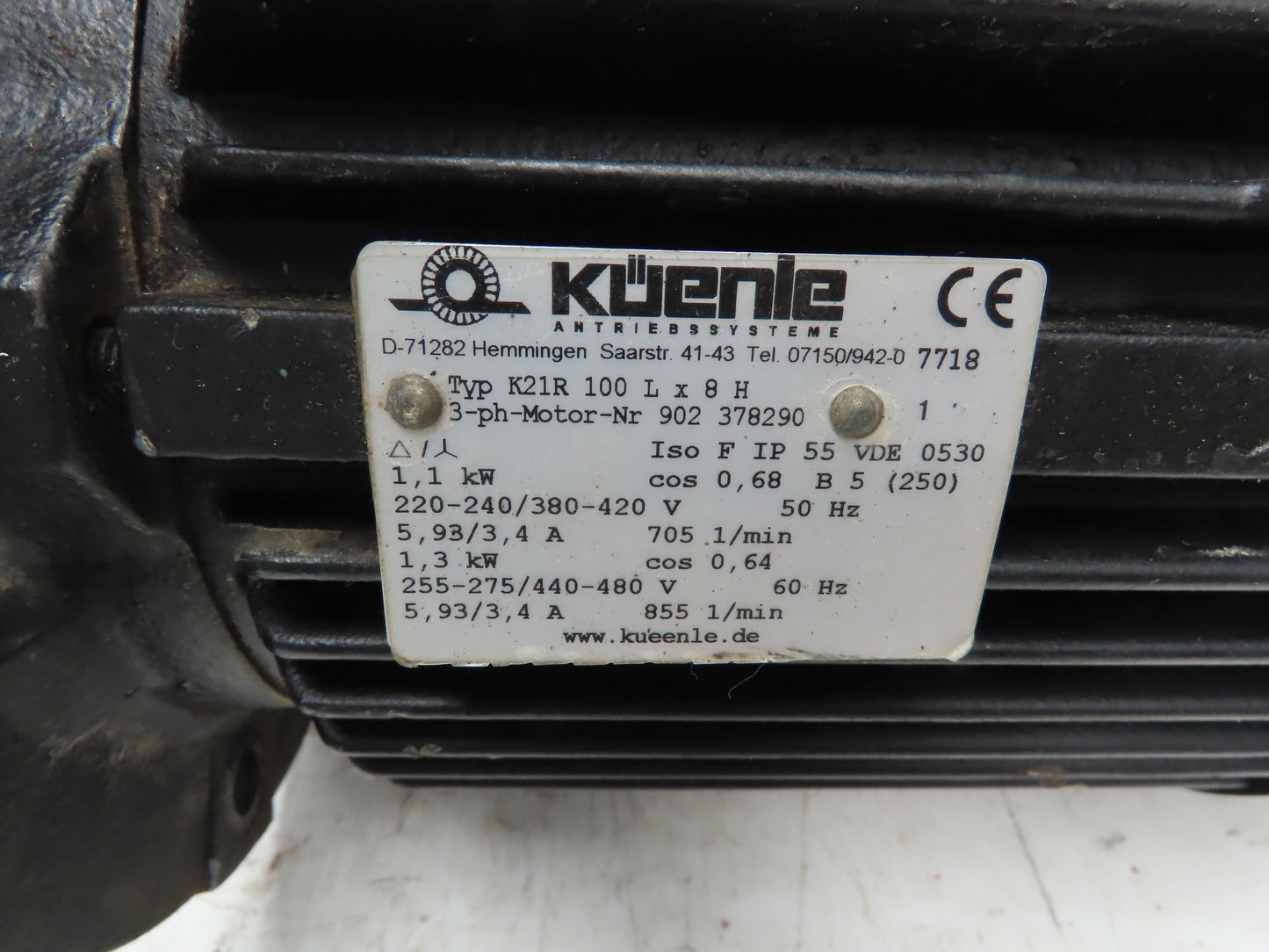 Kuenle K21R 100Lx8H AC Motor 1.3kW 855 RPM 220/480V 3PH 50/60Hz IP55 VDE 0530