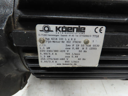 Kuenle K21R 100Lx8H AC Motor 1.3kW 855 RPM 220/480V 3PH 50/60Hz IP55 VDE 0530