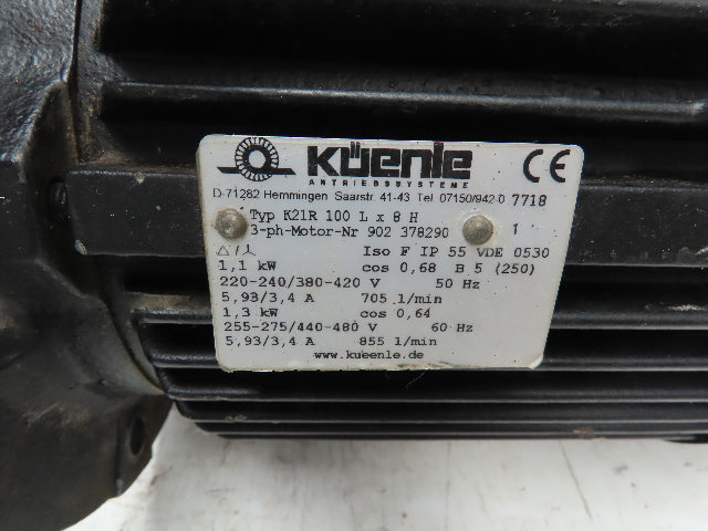 Kuenle K21R 100Lx8H AC Motor 1.3kW 855 RPM 220/480V 3PH 50/60Hz IP55 VDE 0530