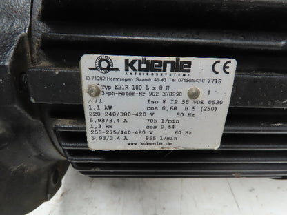 Kuenle K21R 100Lx8H AC Motor 1.3kW 855 RPM 220/480V 3PH 50/60Hz IP55 VDE 0530