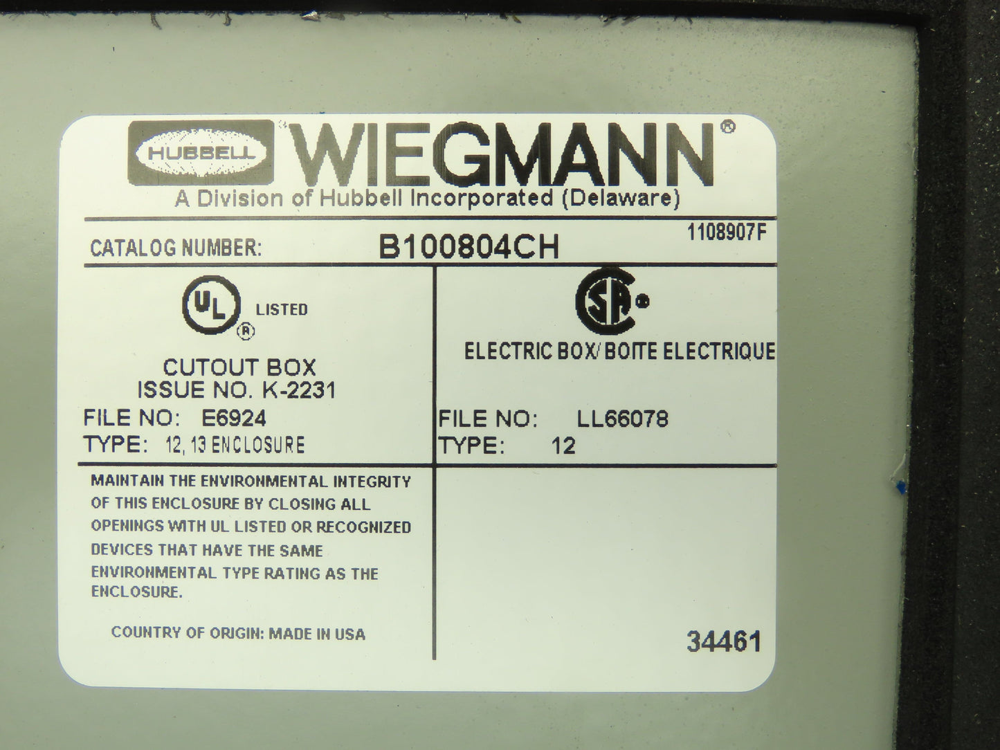 Wiegmann B100804CH 10x8x4" Steel Electrical Enclosure w/Terminal Blocks 9080 GM6