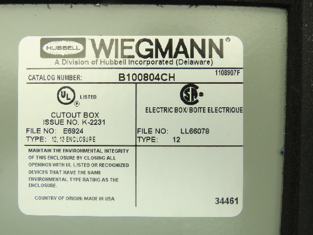 Wiegmann B100804CH 10x8x4" Steel Electrical Enclosure w/Terminal Blocks 9080 GM6