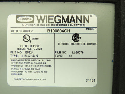Wiegmann B100804CH 10x8x4" Steel Electrical Enclosure w/Terminal Blocks 9080 GM6