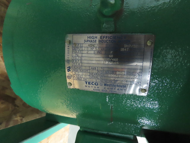 Teco Westinghouse Blower Duct 7.5 HP Motor 230/460 VAC 3465 RPM 2.5" Outlet x6