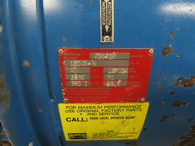 Spencer 12040-H Multi-Stage Centrifugal Blower 350CFM 3500RPM 40Hp 3Ph 230/460V