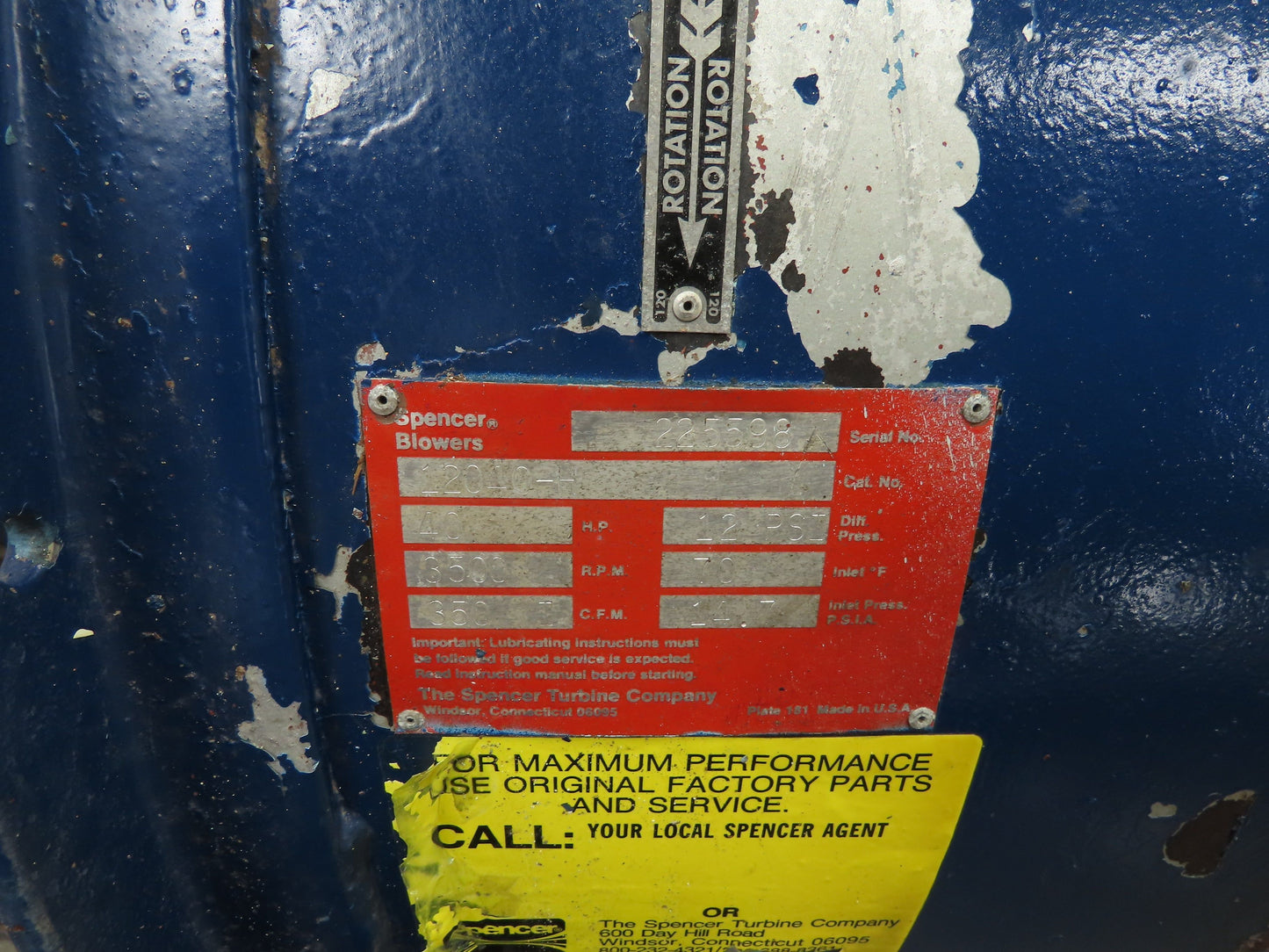 Spencer 12040-H Multi-Stage Centrifugal Blower 350CFM 3500RPM 40Hp 3Ph 460V Only