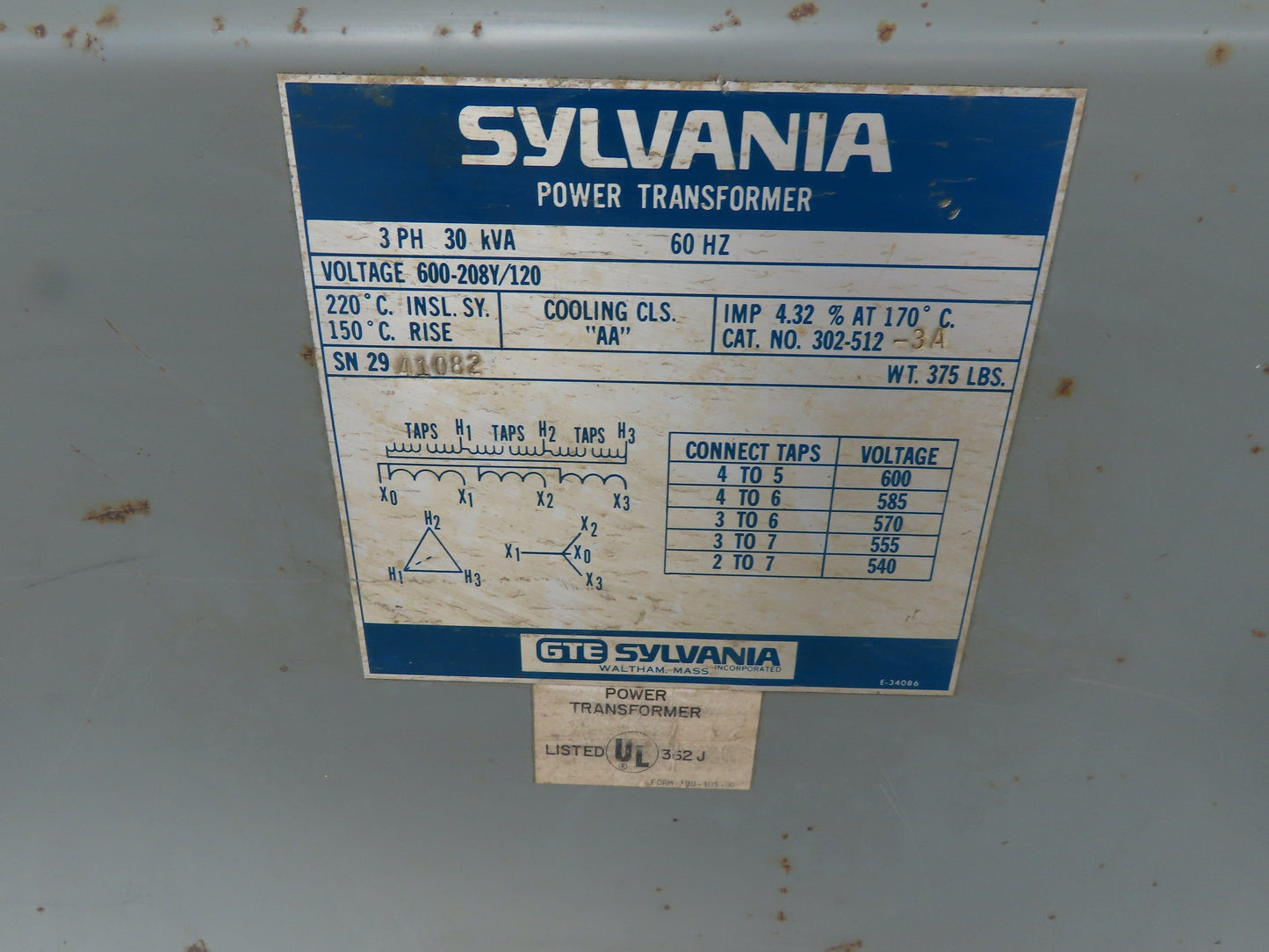 Sylvania 302-512-3A Stepdown Power Transformer 600-208/120V 30KVA 3Ph 60Hz