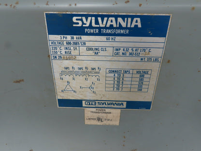 Sylvania 302-512-3A Stepdown Power Transformer 600-208/120V 30KVA 3Ph 60Hz