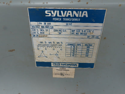 Sylvania 302-512-3A Stepdown Power Transformer 600-208/120V 30KVA 3Ph 60Hz