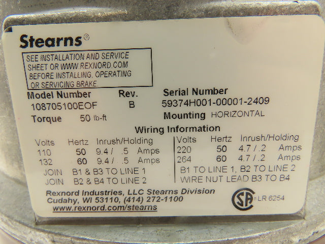 Stearns 108705100EOF Electric Solenoid Disc Brake 50 Lb-Ft 87000 Series Rev B