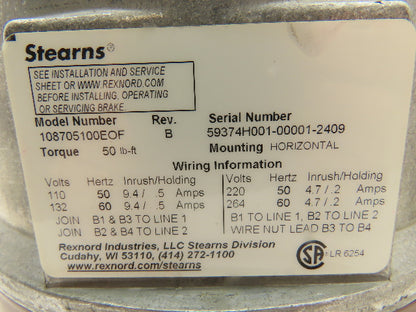Stearns 108705100EOF Electric Solenoid Disc Brake 50 Lb-Ft 87000 Series Rev B