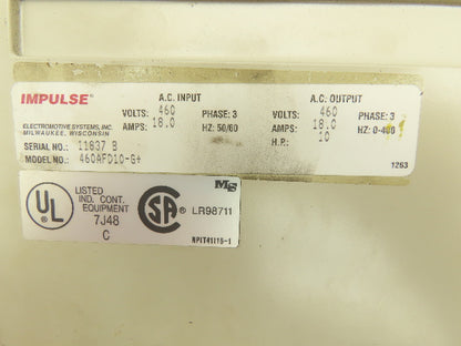 Magnetek Impulse 460AFD10-G+ Variable Speed Drive Crane Control VFD 460V 18A