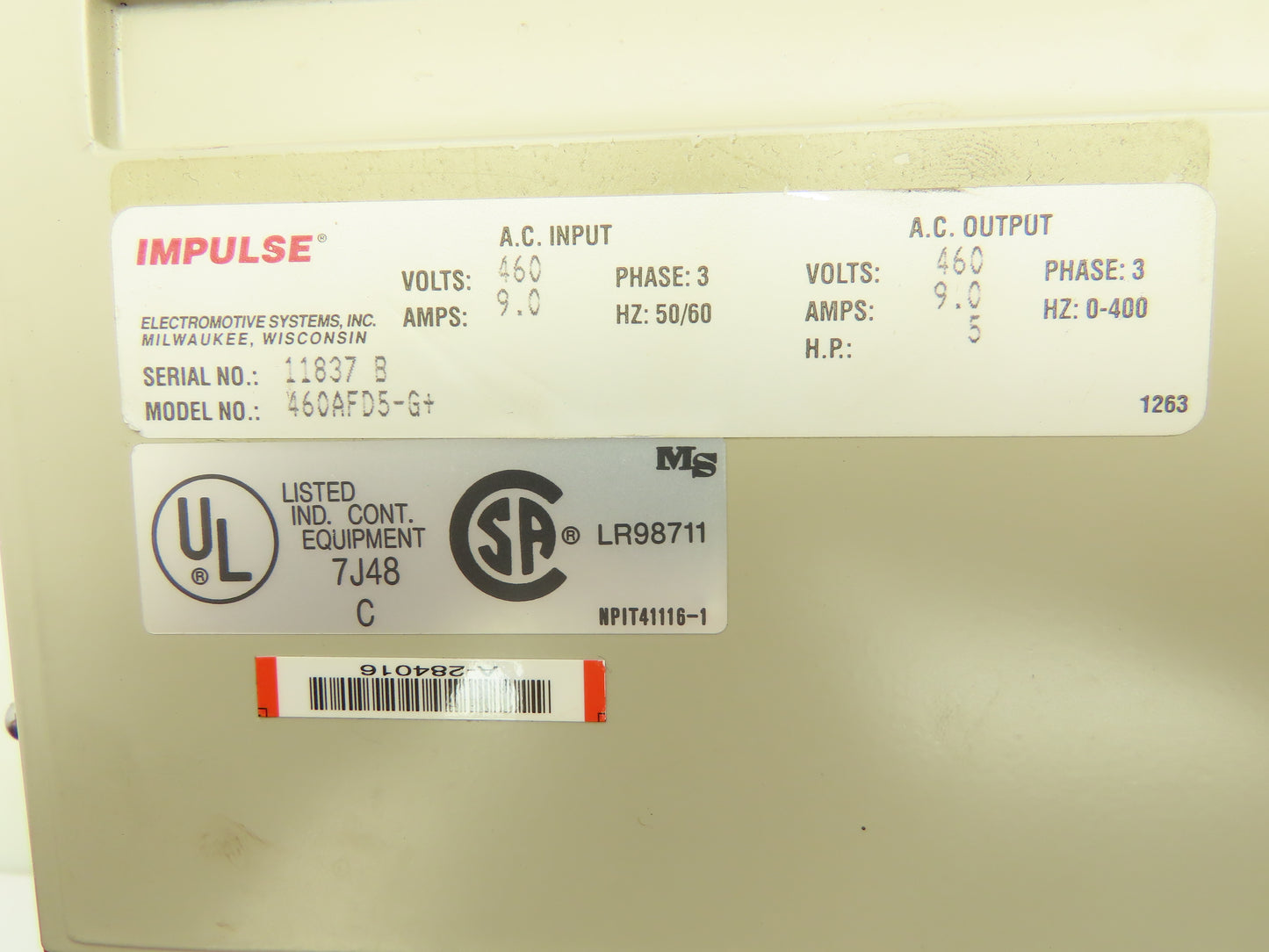 Magnetek 460AFD5-G+ Impulse Adjustable Frequency Drive Crane Control 460V 9A