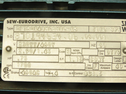 Sew-Eurodrive RF77/DFT80 Inline Gear Drive 3018:1 Reducer 460V Gearmotor 0.5 RPM