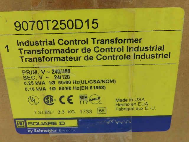 Square D 9070T250D15 Industrial Control Transformer 0.25kva 24/120VAC