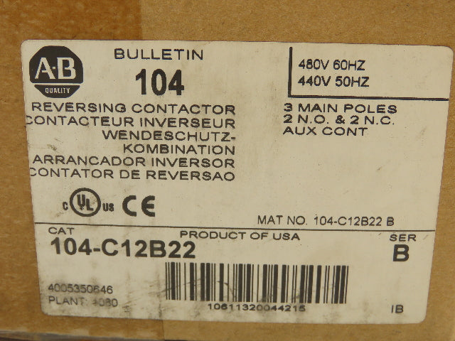 Allen Bradley 104-C12B22 Reversing Motor Starter Contactor 3 Pole 600V 480V Coil