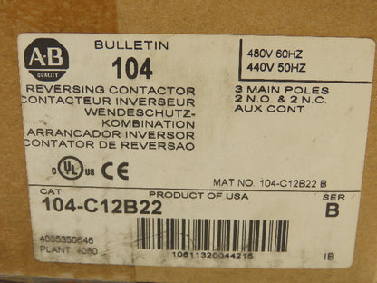 Allen Bradley 104-C12B22 Reversing Motor Starter Contactor 3 Pole 600V 480V Coil
