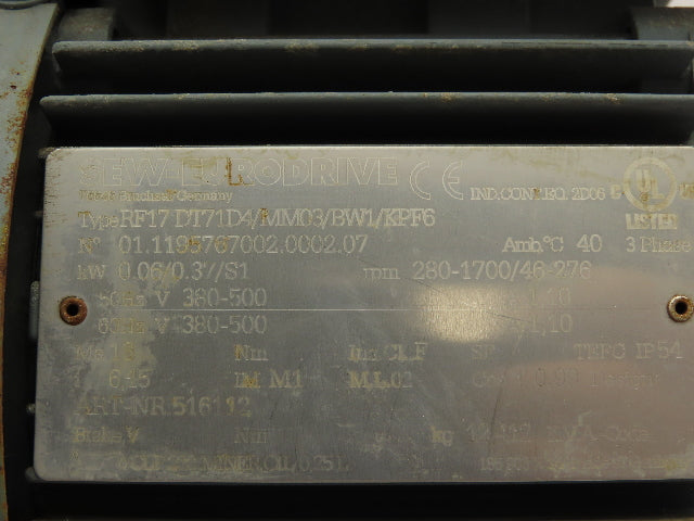 Sew Eurodrive RF17DT71D4 Movimot Inverter Variable Speed Gearmotor 280-1700 RPM