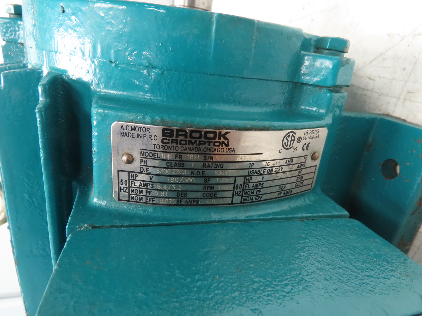 Brook Crompton 1DN AC Motor 3Hp 1755 RPM 190/380V 208-230/460V 3PH IP55 182T