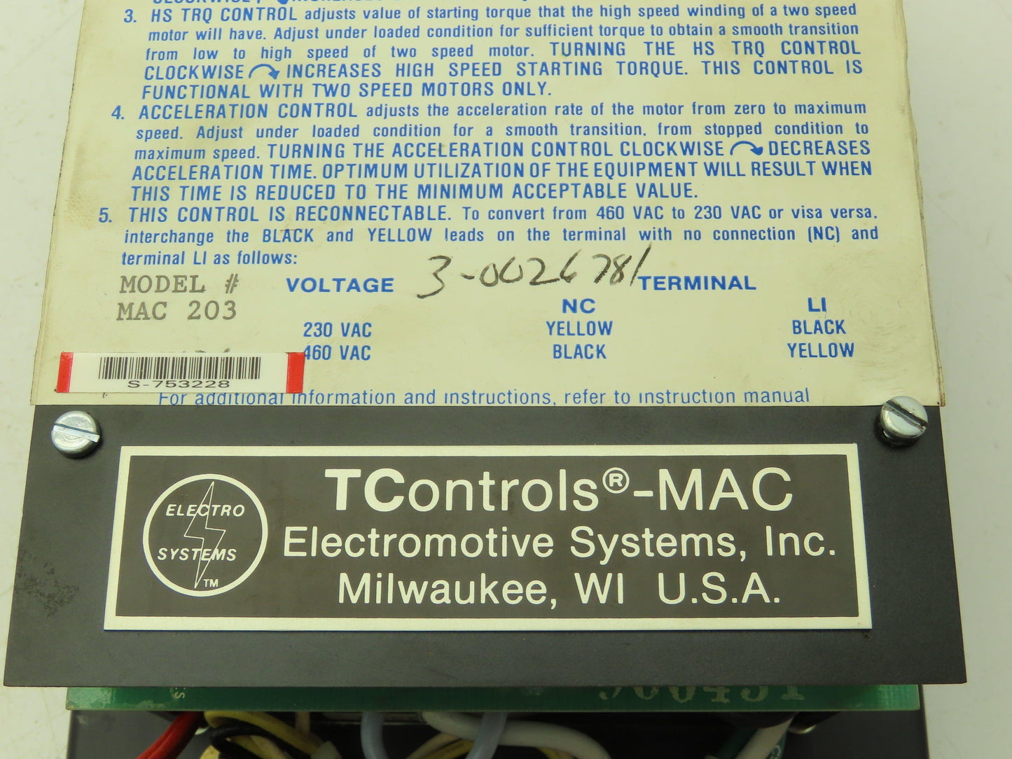 Electromotive MAC 203 Tcontrols Mac Motor Control 480V 3Ph SCR Heatsink
