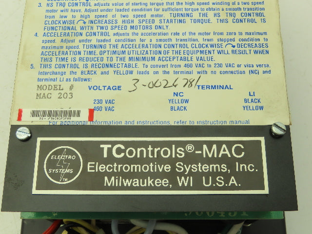 Electromotive MAC 203 Tcontrols Mac Motor Control 480V 3Ph SCR Heatsink