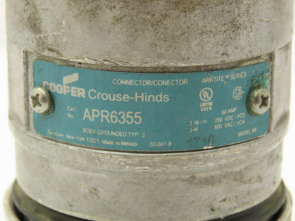 Cooper APR6355 Arktite Connector Pin & Sleeve Receptacle Plug 60A 3W 3P 600VAC