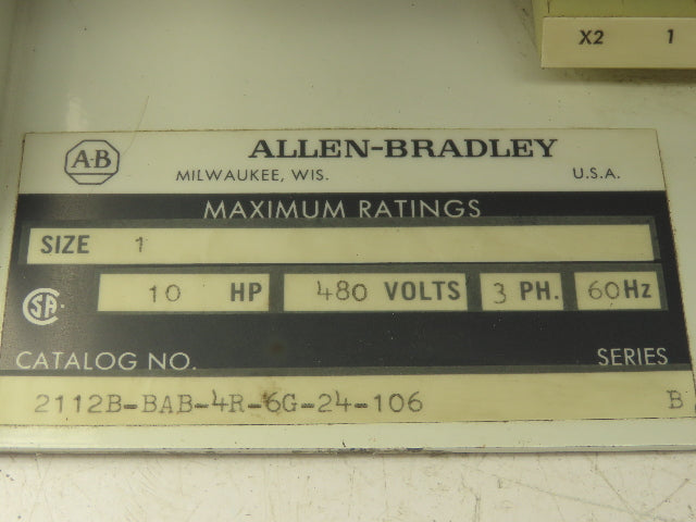 Allen Bradley 2112B-BAB-4R-6G-24-106 MCC Bucket Motor Starter 10Hp 480V 3Ph Sz 1
