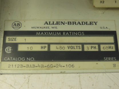 Allen Bradley 2112B-BAB-4R-6G-24-106 MCC Bucket Motor Starter 10Hp 480V 3Ph Sz 1
