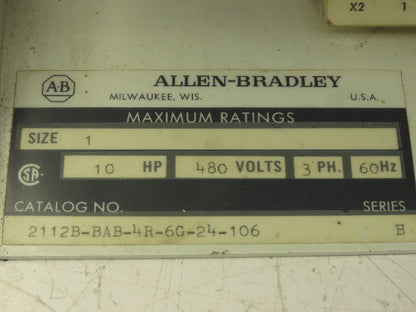 Allen Bradley 2112B-BAB-4R-6G-24-106 MCC Bucket Motor Starter 10Hp 480V 3Ph Sz 1