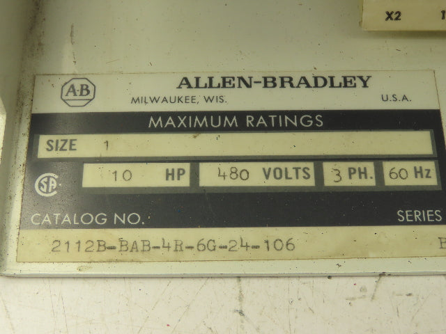 Allen Bradley 2112B-BAB-4R-6G-24-106 MCC Bucket Motor Starter 10Hp 480V 3Ph Sz 1