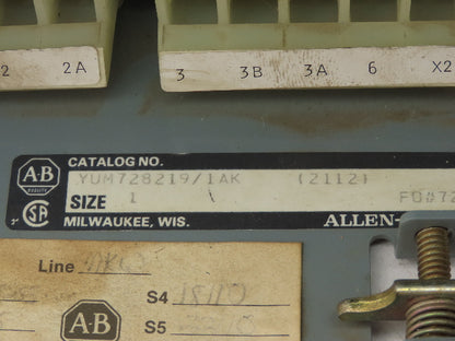 Allen Bradley YUM728219/1AK MCC Bucket Motor Starter 10Hp 480V 3Ph Sz 1