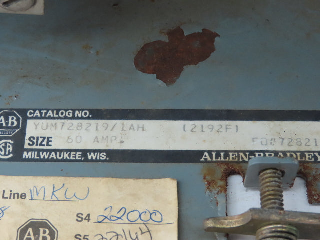 Allen Bradley YUM728219/1AH MCC Bucket 60 Amp Disconnect Switch 3 Pole 600V