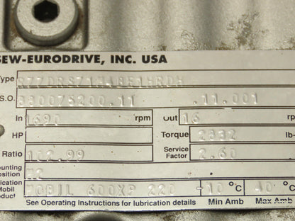 Sew-Eurodrive R77 DRS71M4/BE1HR/DH Inline Gearmotor 130:1 Reducer 230/460V 3PH