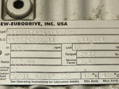Sew-Eurodrive R77 DRS71M4/BE1HR/DH Inline Gearmotor 130:1 Reducer 230/460V 3PH