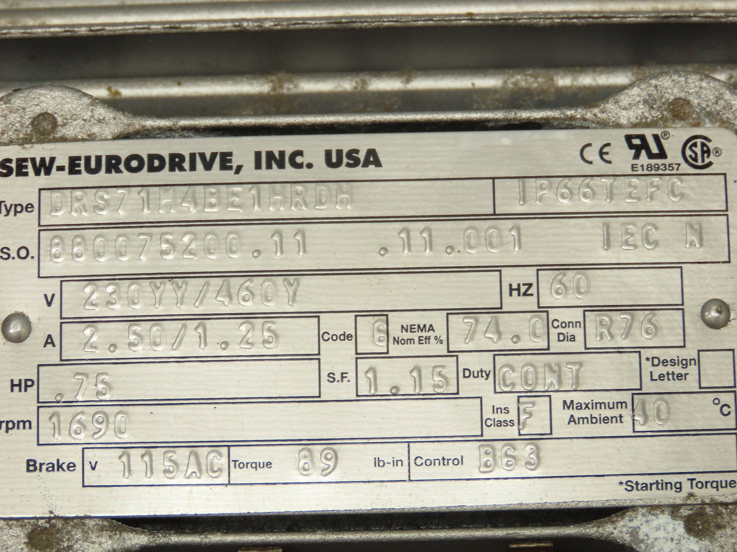 Sew-Eurodrive R77 DRS71M4/BE1HR/DH Inline Gearmotor 130:1 Reducer 230/460V 3PH