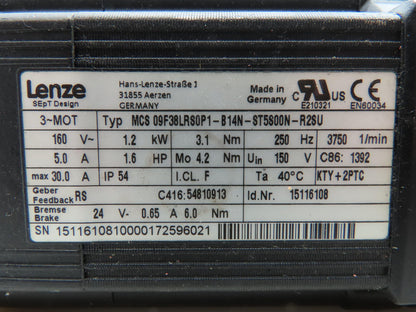 Lenze MCS 09F38LRS0P1 Servo Motor 1.2kw 160V 5A 3.1NM 3750 RPM 24V Brake