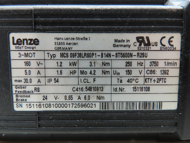 Lenze MCS 09F38LRS0P1 Servo Motor 1.2kw 160V 5A 3.1NM 3750 RPM 24V Brake