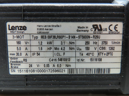 Lenze MCS 09F38LRS0P1 Servo Motor 1.2kw 160V 5A 3.1NM 3750 RPM 24V Brake