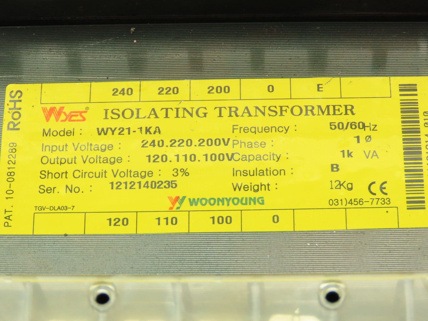 Wyes Woonyoung WY21-1KA Isolating Control Transformer 1kva 240V In 120V Out 1Ph