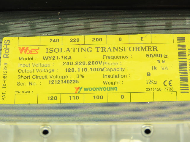 Wyes Woonyoung WY21-1KA Isolating Control Transformer 1kva 240V In 120V Out 1Ph