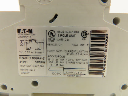Eaton WMZT3C15 Circuit Breaker 15A 277/480V 3 Pole DIN Rail 3Ph