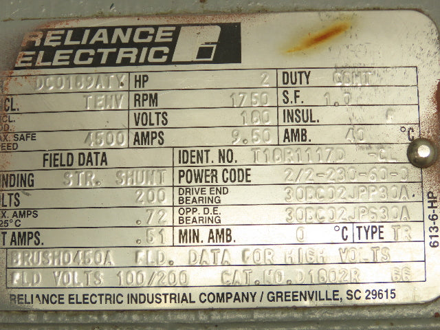 Reliance DC0189ATY DC Gearmotor 2Hp 180VDC 6:1 Reducer 282 RPM Parallel Shaft